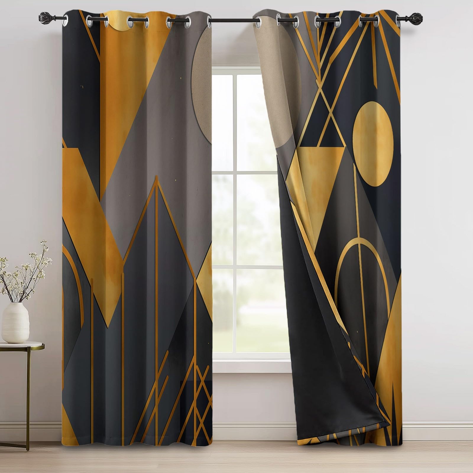 Rideaux Isolants 110L X 215H cm (2 Panneaux), Design Art Géométrique Abstrait, Tenture Opaque Anti-Chaleur pour Chambre Principale, Gris Or