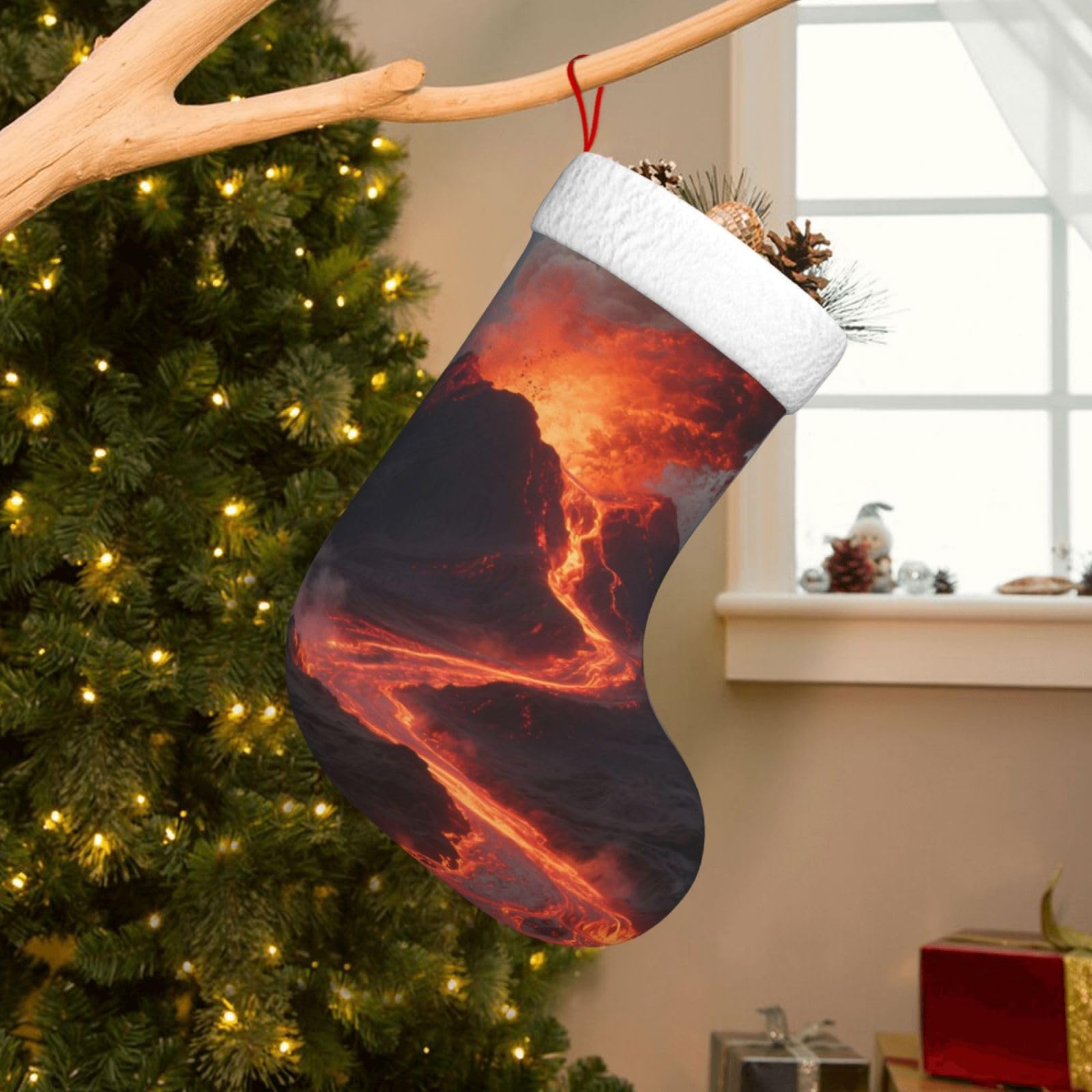 Velvet Christmas Stockings 17.7 Inch, Volcano Xmas Stocking with Soft Cuff,Classic Personalized Christmas Tree Decoration for Family Holiday New Year Party Supplies