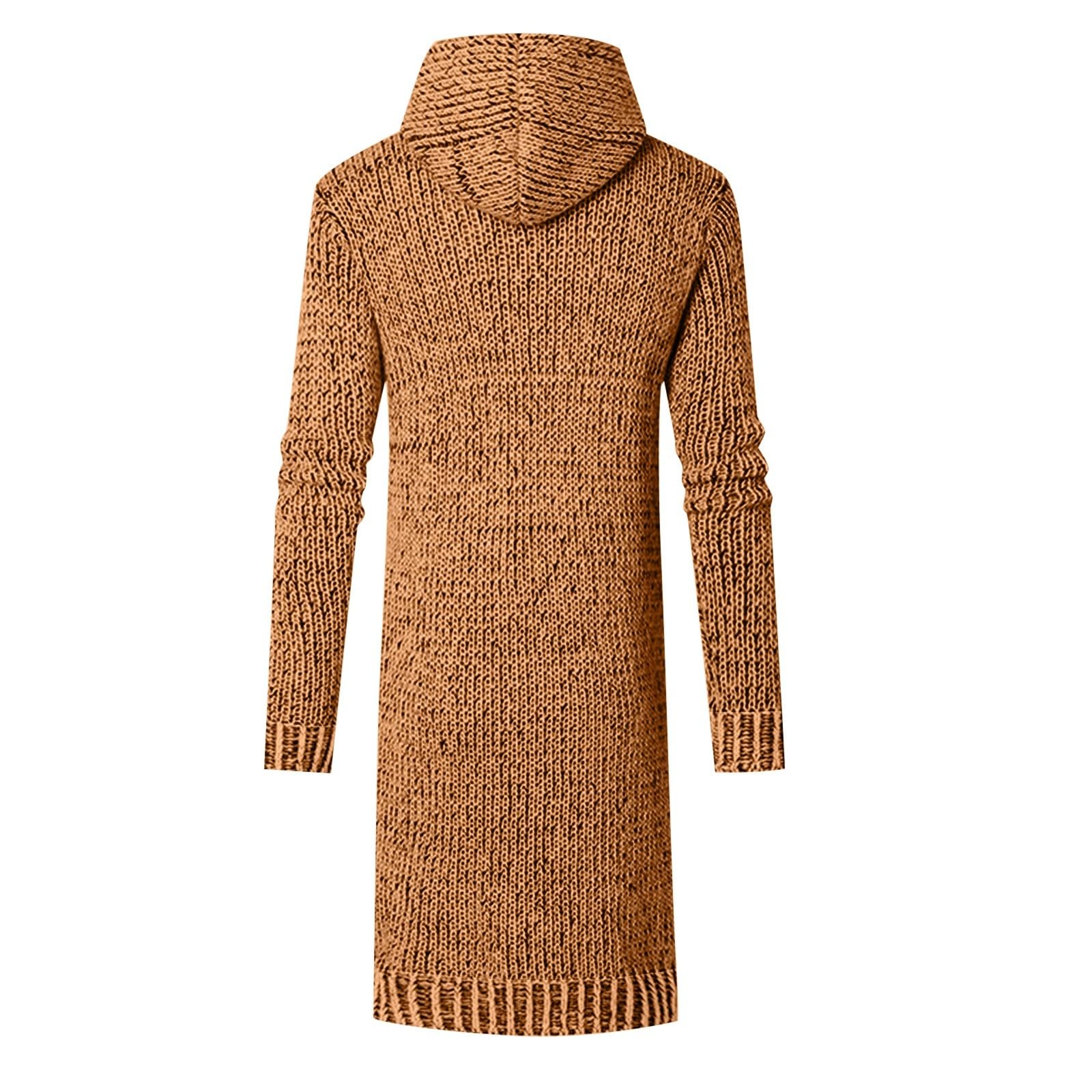Cardigan da uomo in cotone, lungo, a maglia grossa, elegante, tinta unita, con cappuccio, con bottoni, per l'inverno