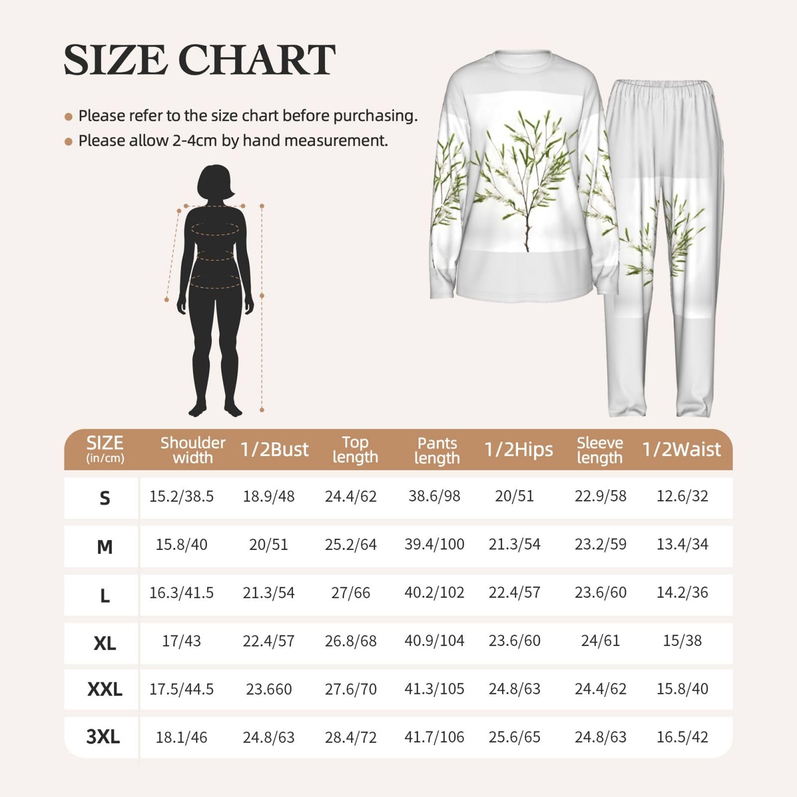Bianco Pianta Naturale Verde Ramoscello (1) Stampa Donne Manica Lunga Pigiama Corrispondente Morbido Spiaggia Vacanze Nightwear Regalo Casual