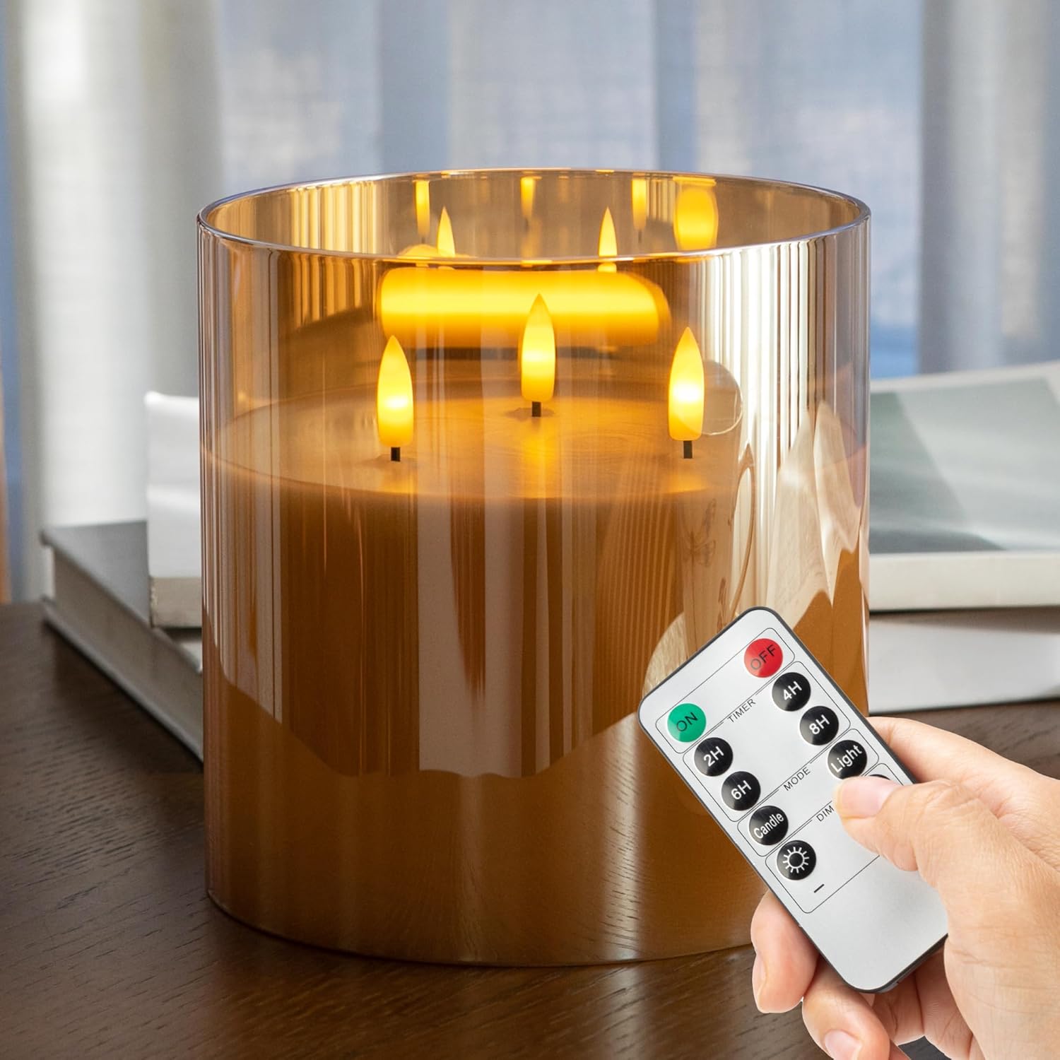 Extra Large Flameless Candles with 3 Wicks, 6"x6" Glass Battery Operated Candles with Remote, Real Wax Flickering LED Candles Fake Candle for Home, Wedding, Party, Clear