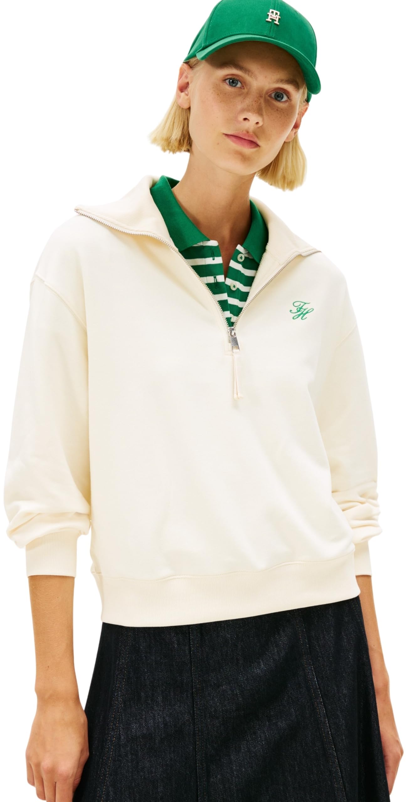 Tommy Hilfiger Women's TH SCRIPT HALF ZIP TERRY SWTSHRT WW0WW49470 Half Zip Sweatshirt, BEIGE (Calico), XS