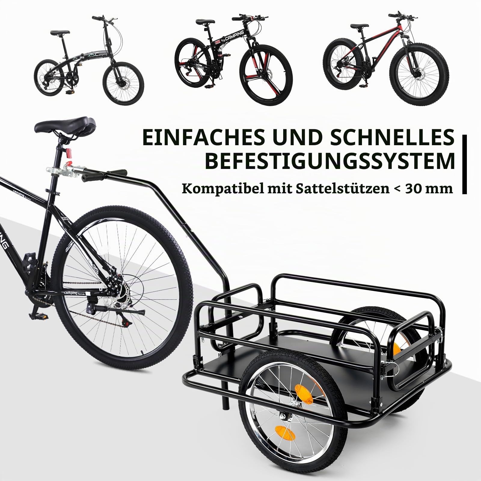 LEADZM Klappbar Fahrradanhänger, Lastenanhänger mit Universeller Kupplung, Transportanhänger mit 16-Zoll-Luftreifen, Sicheren Reflektoren, 60 kg, 155 x 67 x 78cm