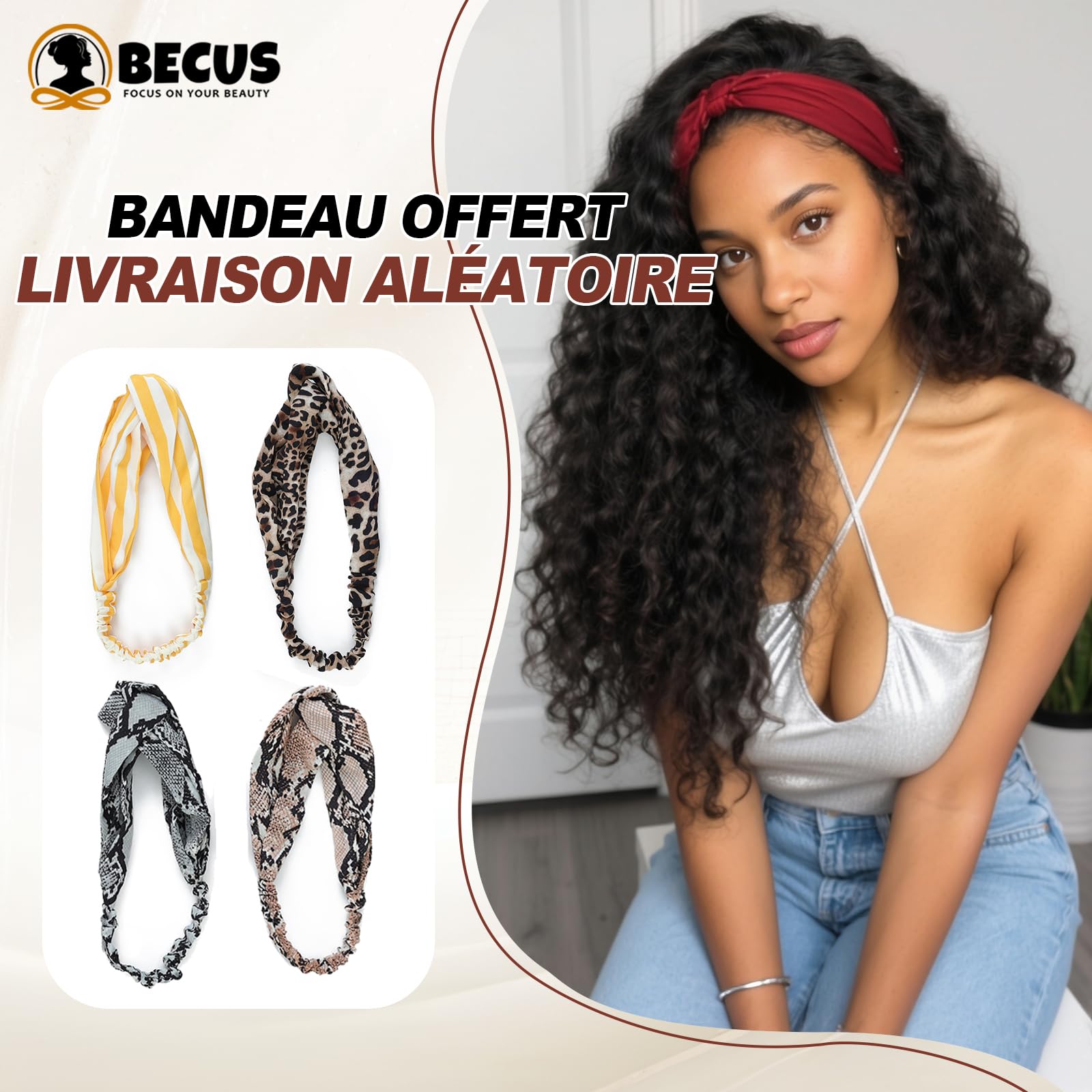 BECUS Perruque Bandeau Femme Bouclée Noire Naturelle 18 Pouces, Headband Wig Demi-Tête Sans Colle avec Bandeau, Aspect Naturel, Prête à Porter pour Usage Quotidien, Fêtes, Soirées et Débutantes