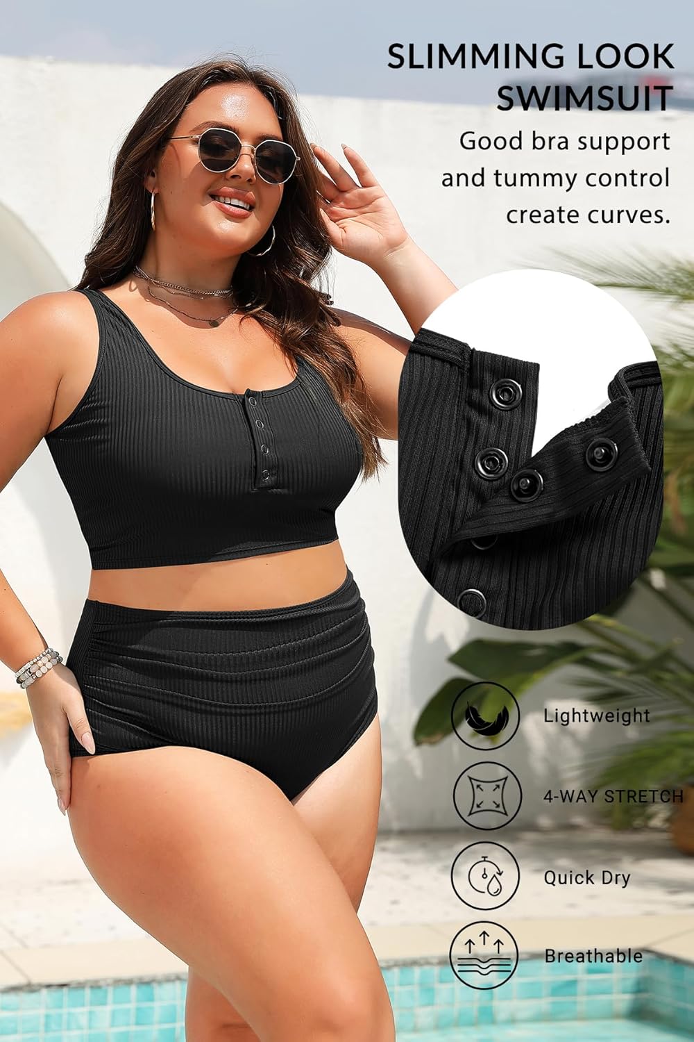 Plus Size 2 Piece Swimsuit - Womens High Waisted Bikini Tummy Control Bathing Suit Ribbed 2025 Swimwear - Image 4