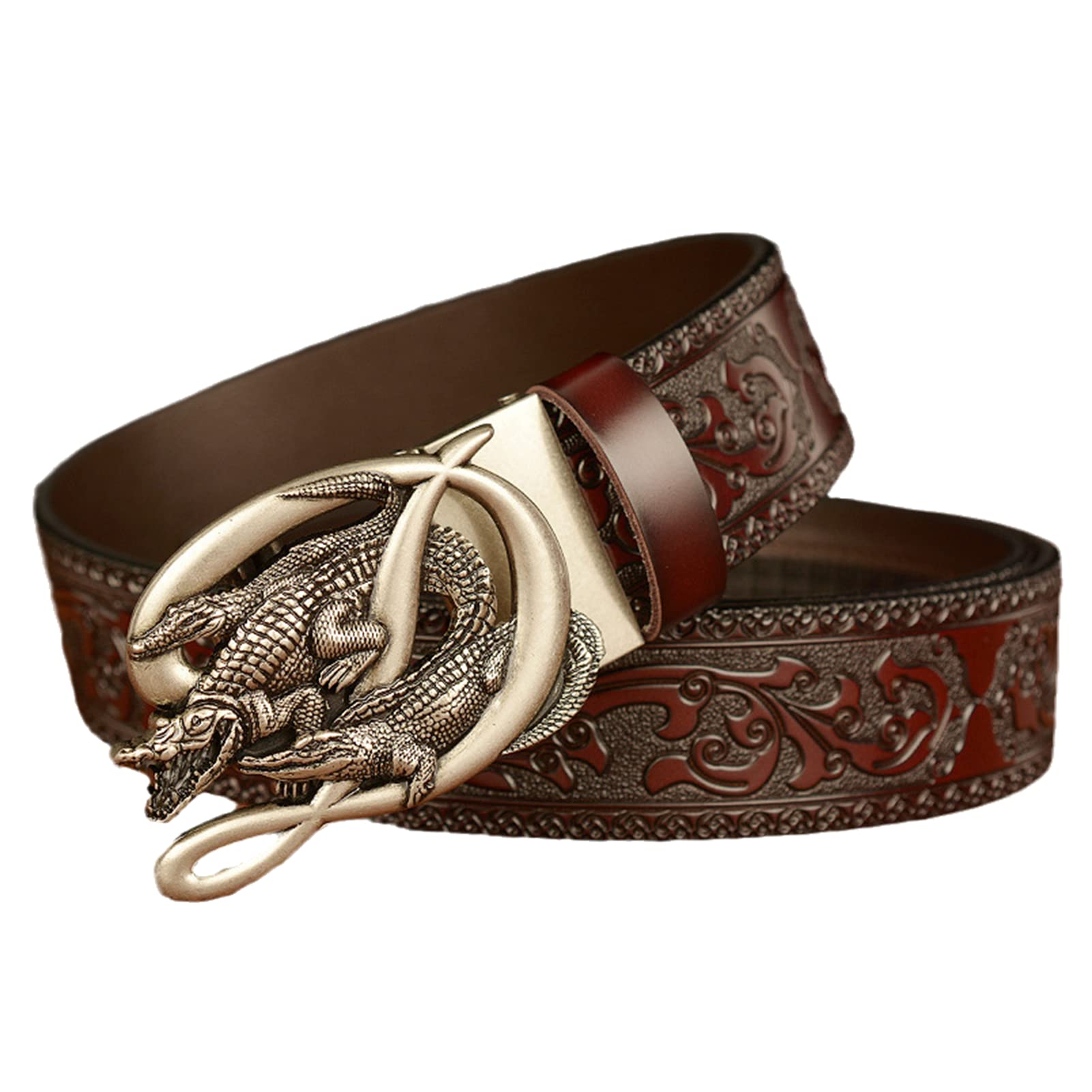 BDAYEK Men's Belt Men'S Belt With Floral Embossed Western Adjustable Engraved Crocodile Pattern Automatic Buckle Black(Brown,125Cm/Waist:42"~44")