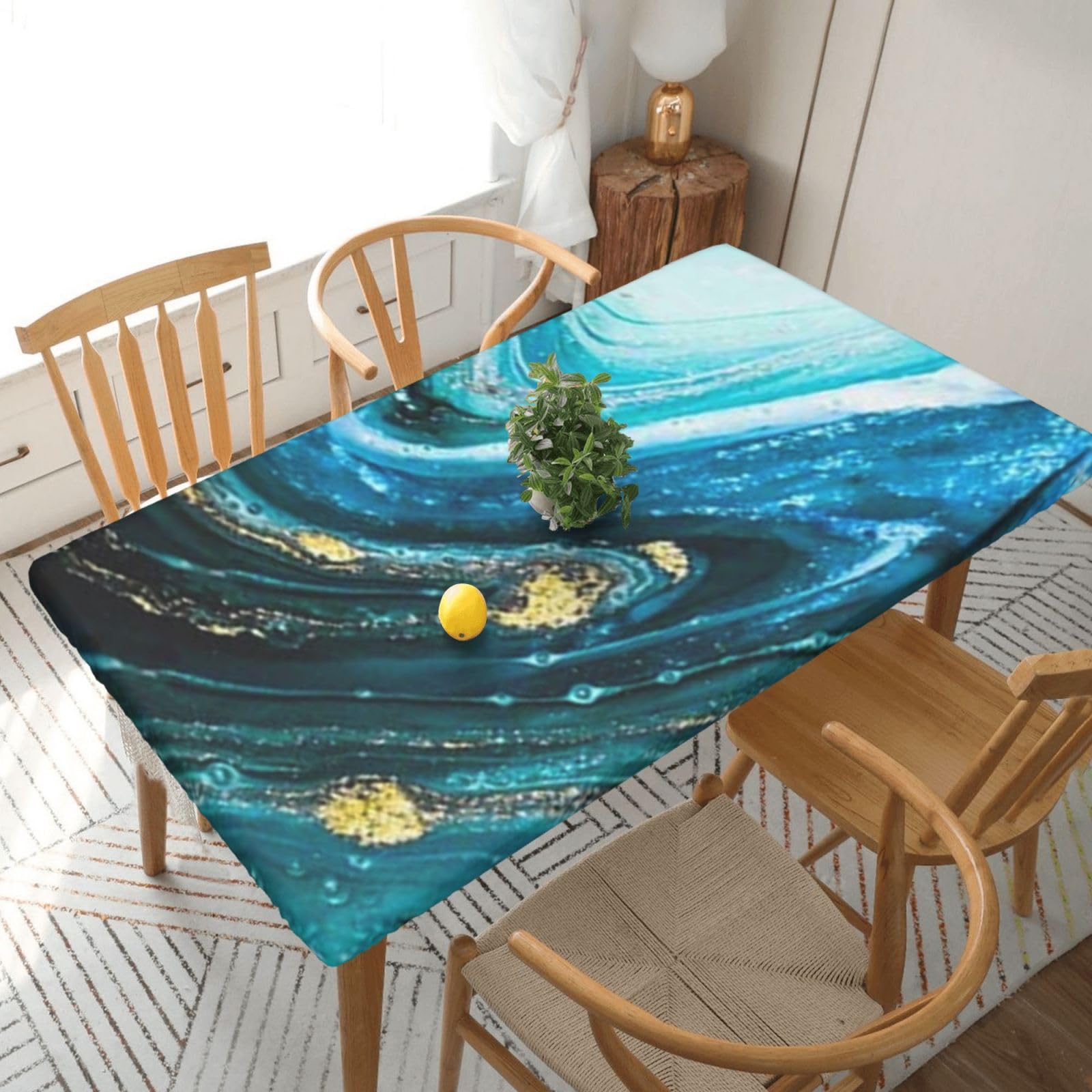 BNVSADC Turquoise Blue Gold Marble Printed 5FT Tablecloth Polyester Kitchen Water Resistant Table Cloth Dining Table Decoration Table Covers, 152x76 CM