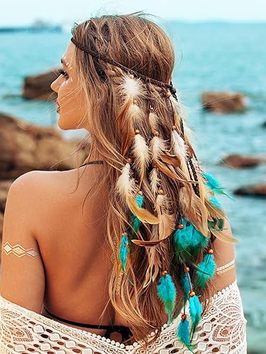 Miniatura 3 de CAKURE Diadema de plumas bohemias, accesorios para el cabello, diadema de plumas azules, tocado indio gitano para mujer