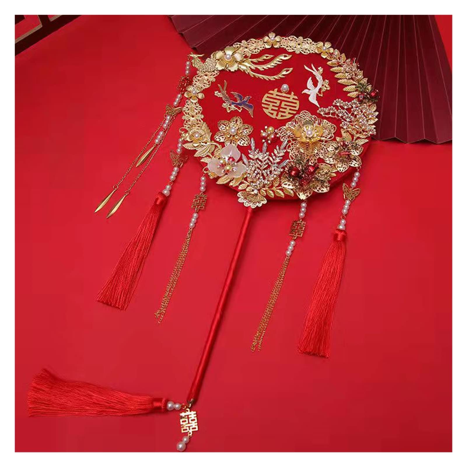 Vintage Gorgeous Chinese Bridal Hand Fan Holding Phoenix Round Handmade With Tassel Wedding Bouquet Long Handle
