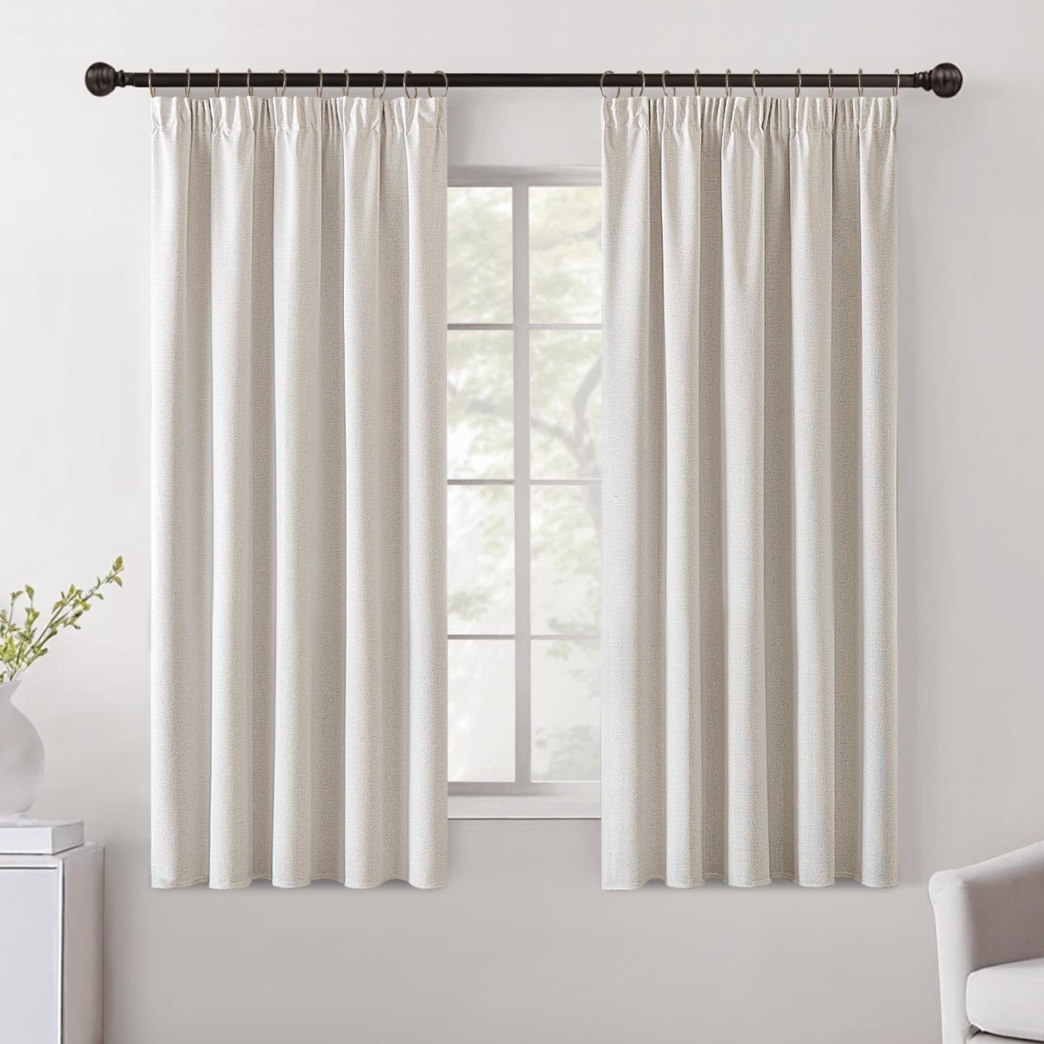 MIULEE Lot de 2 Rideaux Opaque Occultant Thermiques Isolant Aspect Lin 100% Bloquer Lumière，Anti-UV，Galon Fronceur Rideau Décoration pour Salon Chambre,140(L) x175(H) CM,Ivoire