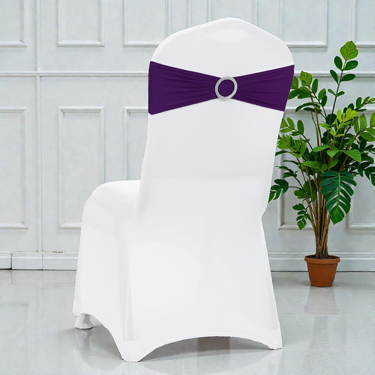MDS Pack of 100 Spandex Chair Sashes Bow Premium Stretch Chair Cover Band with Buckle Slider Universal fits Elastic Dining Chair Ties for Wedding Party Banquet Events Decoration - Purple