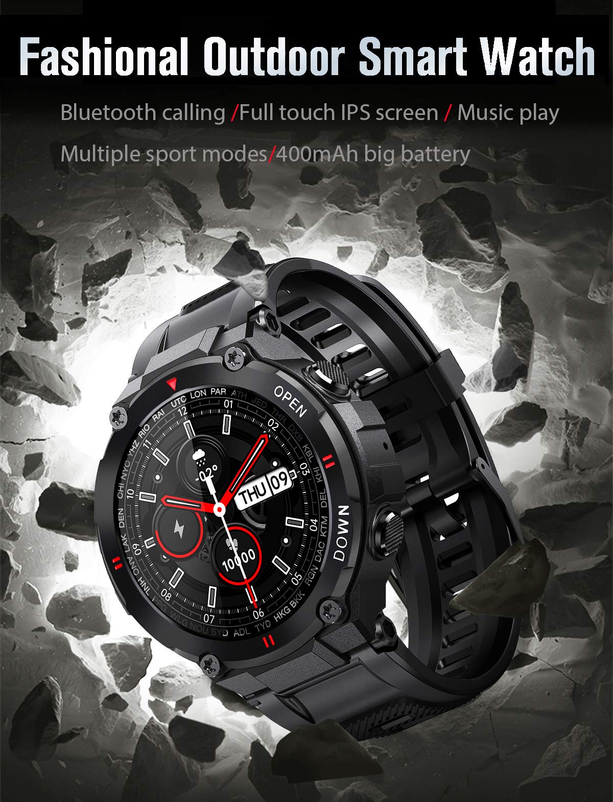 Montre connectée avec suivi de fitness, affichage rond complet de la fréquence cardiaque et de la pression artérielle, Bluetooth - Noir