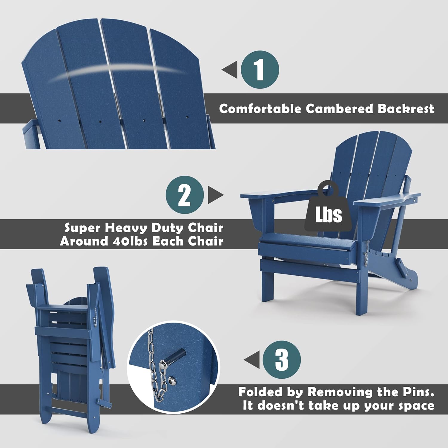 TORVA 2PCS Folding Adirondack Chair,Fire Pit Chair,Patio Outdoor Chairs All-Weather Proof HDPE Resin for BBQ Beach Deck Garden Lawn Backyard(Navy Blue Color)