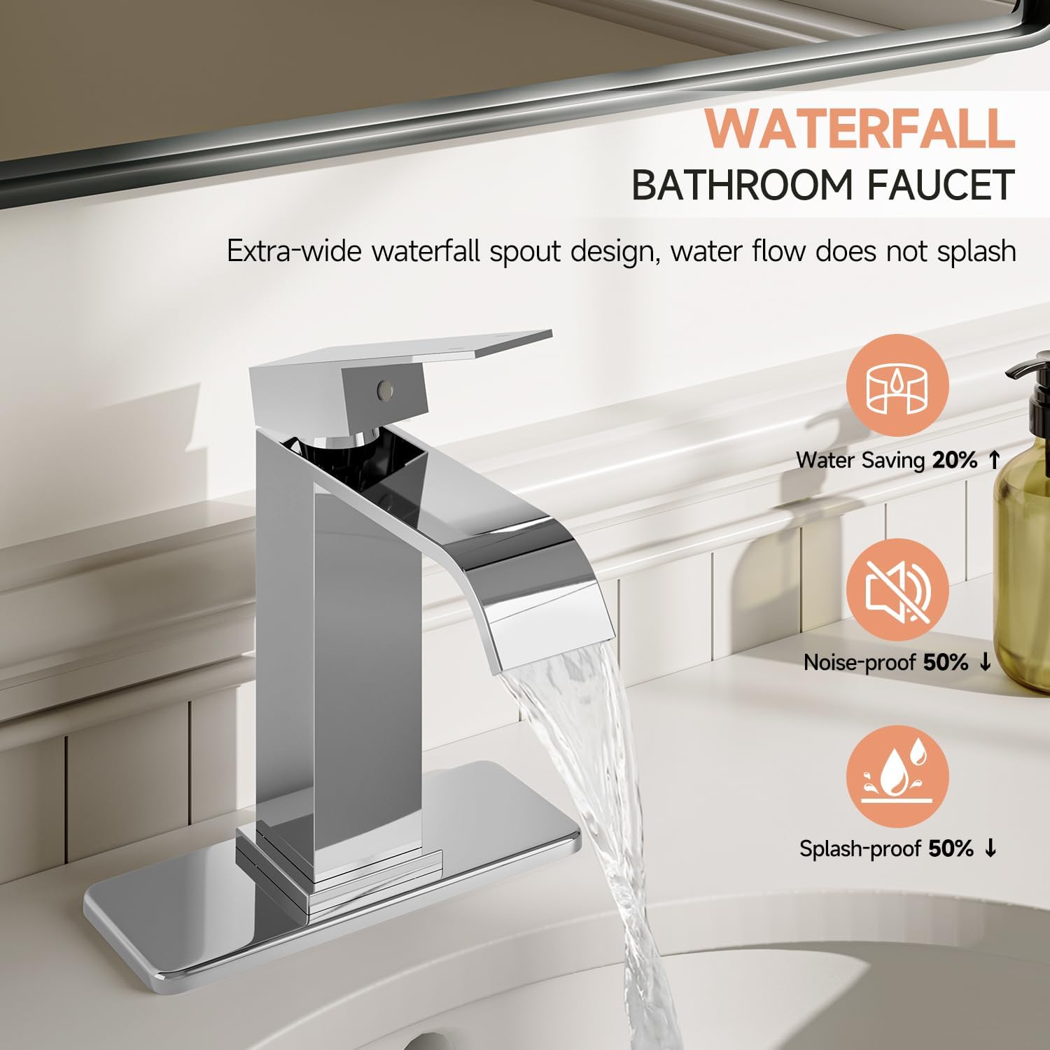 Chrome Bathroom Faucets, Evolvegoods Modern Waterfall Bathroom Faucet, Single Handle 1 or 3 Hole Bathroom Sink Faucet, RV Mixer Tap Vanity Faucet with Deck Plate, Pop-up Drain and Supply