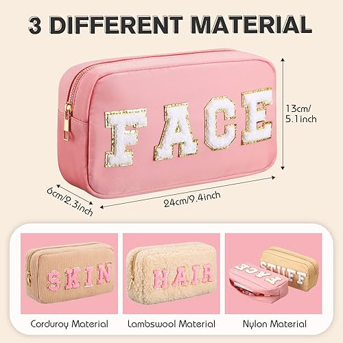 Miniatura 2 de Kajaia 4 piezas de nailon preppy bolsa de maquillaje con letras, bolsa de aseo cosmético, bolsa de maquillaje de chenilla, bolsa de viaje con