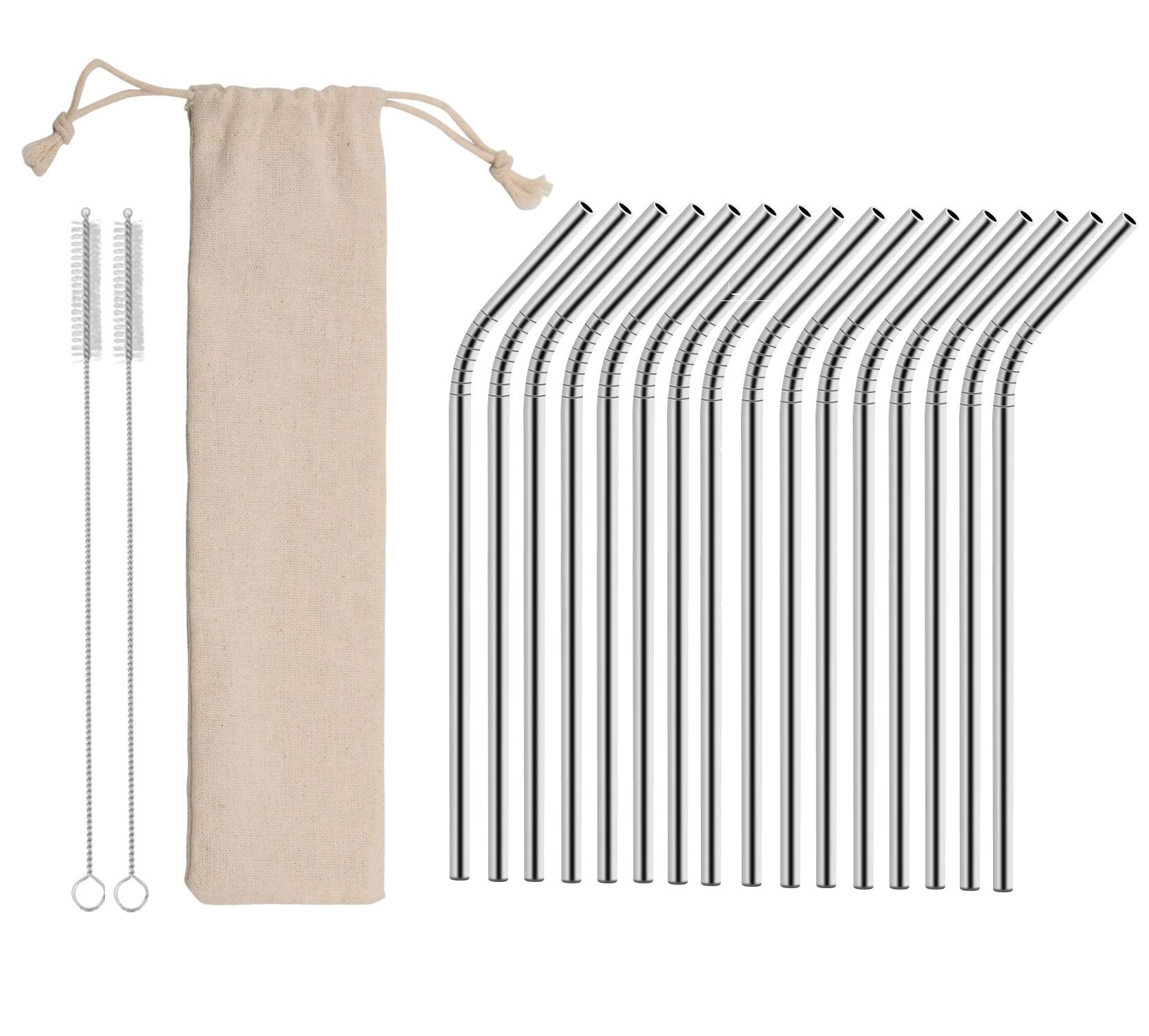16 eleganti cannucce in acciaio inox riutilizzabili, con 2 spazzole per la pulizia e custodia, ecologiche, atossiche, lavabili in lavastoviglie (argento