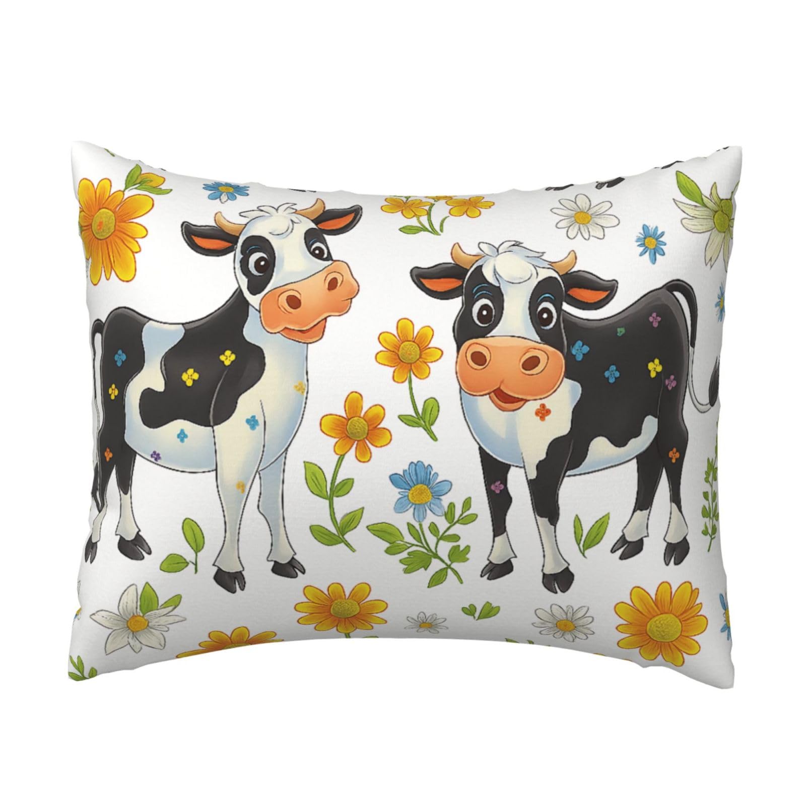 Cartoon Cow & Flowers Pillowcase Soft Plush with Zipper Decorative Pillowcovers 16x20 in
