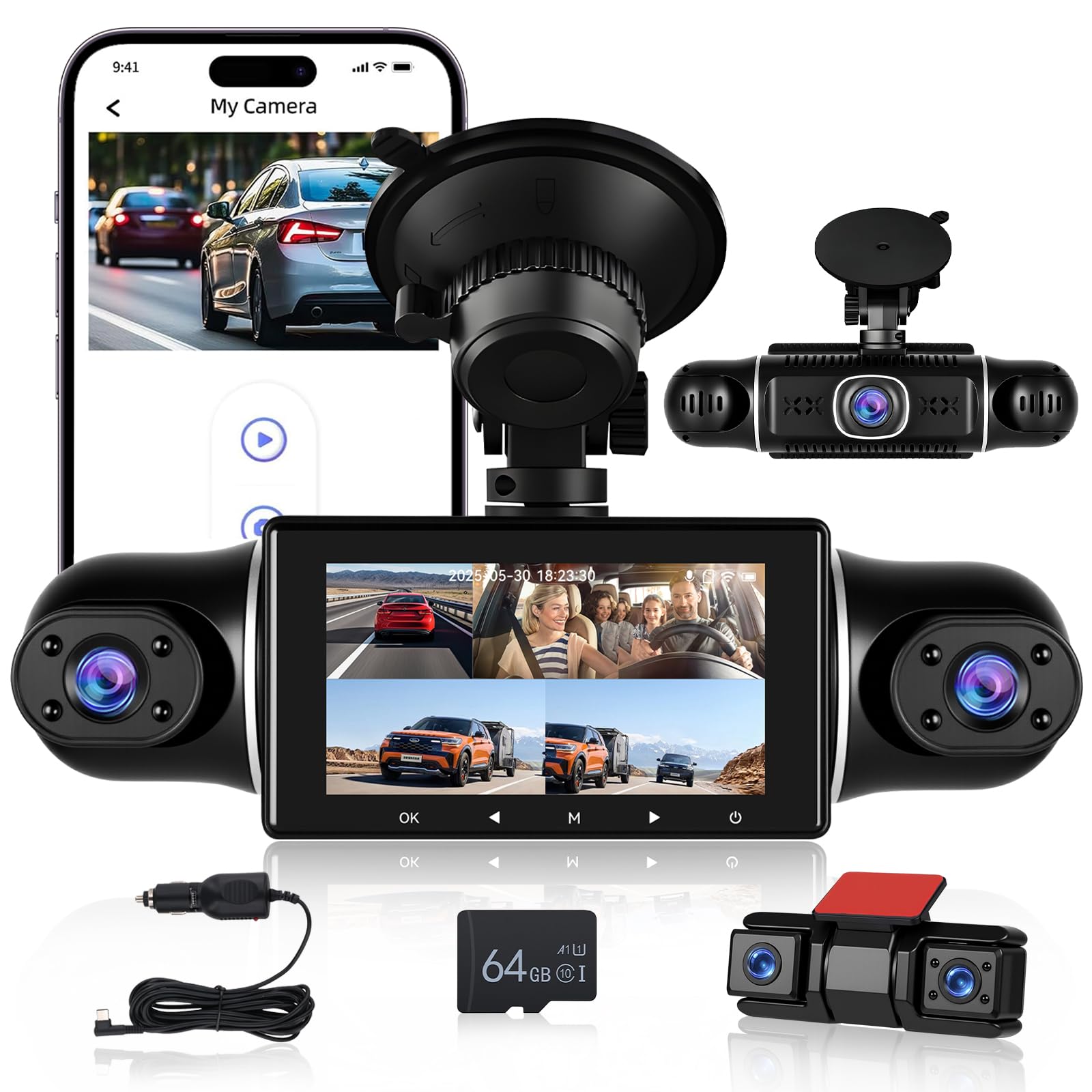 1080P Dashcam a 5 canali con visione a 360° – Dash CAM con telecamere anteriori e Posteriori – Sensore G Registrazione in Loop Visione notturna WiFi Controllo tramite App Monitoraggio del parcheggio