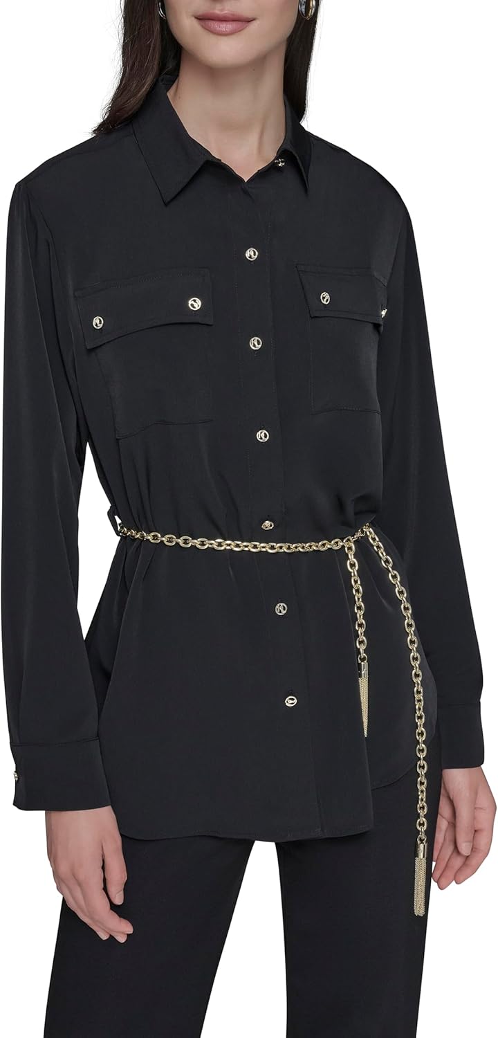 Karl Lagerfeld Womens Long Sleeve Oversized Essential with Chain Belt Button Down
