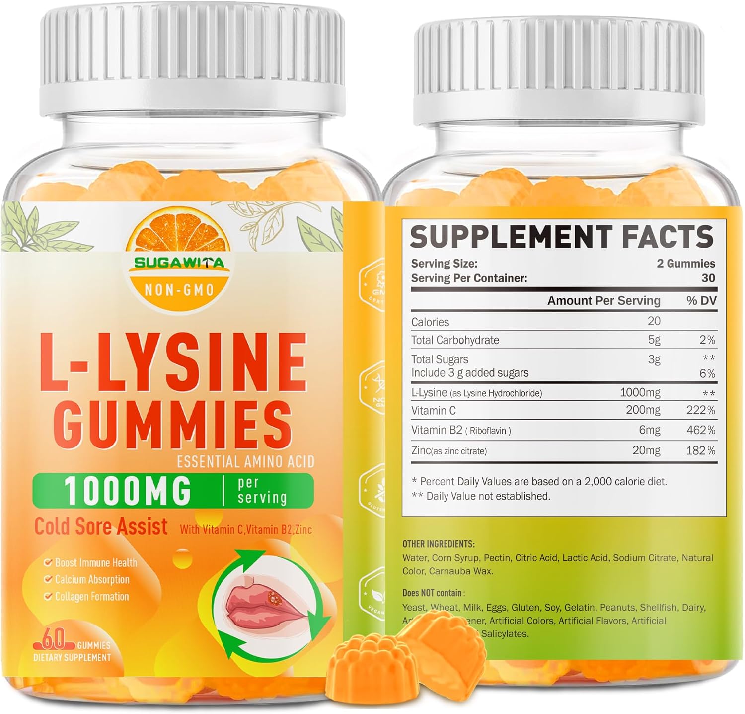 2 Packs Lysine Gummies 1000 mg, Cold Sore Treatment with Immune Support for Lips & Oral, Chewable L- Lysine Supplement for Adults & Kids, Boost Immune & Collagen, Gluten Free - 120 Counts