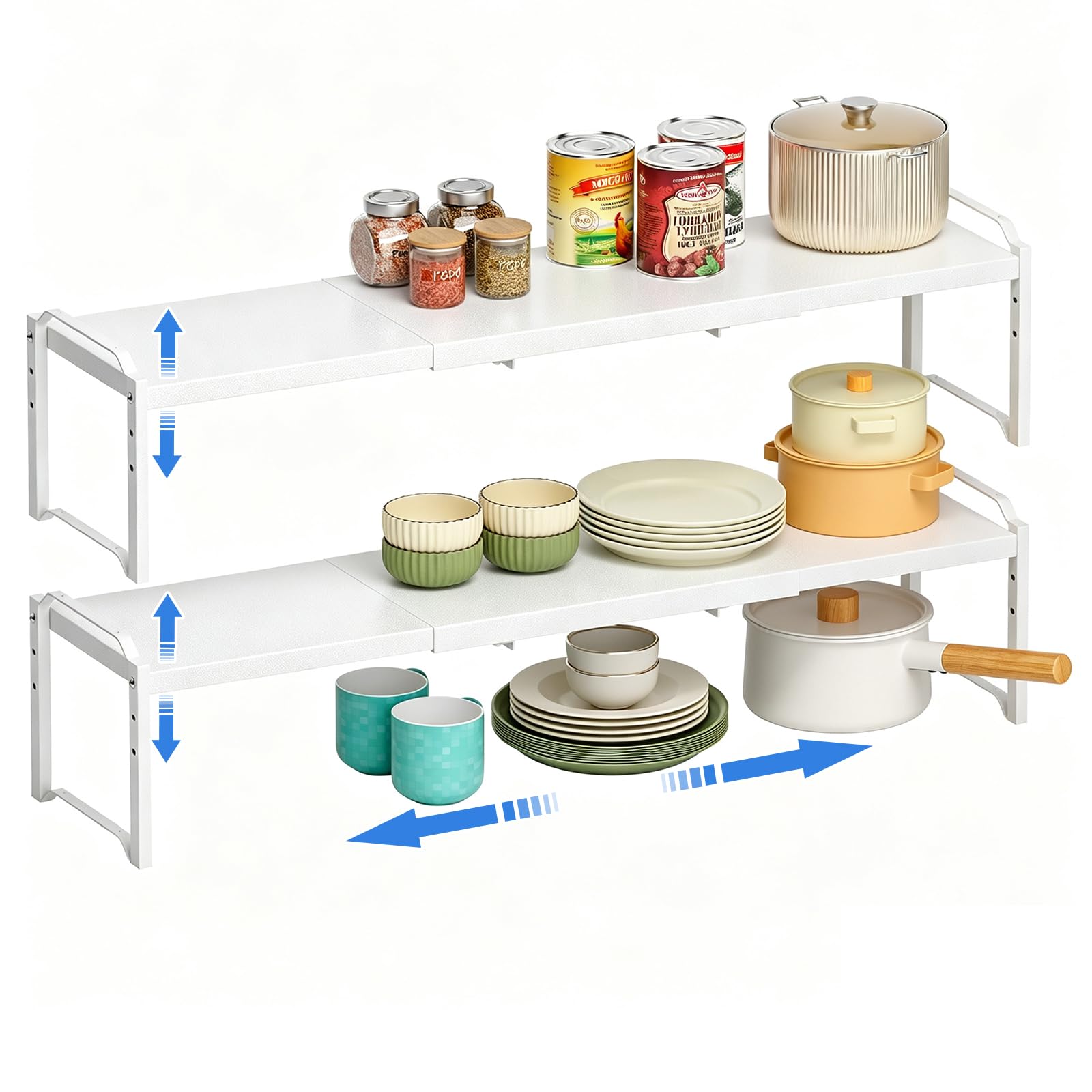 Metal Storage Shelves For Kitchen Pantry, Cabinet Shelf Organizer, Adjustable Height, Expandable Length, Stackable Design,50 LBS Load Capacity, For Dishes Spices Cans Plates Cans Bottles Cups Mugs