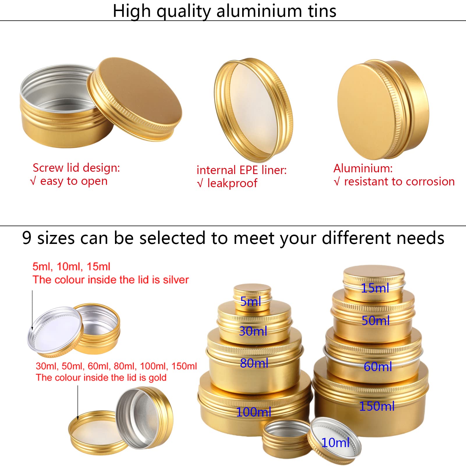 50 Pezzi Barattoli di alluminio 15ml Oro - D41mm x H17mm Scatola Rotonda in Alluminio con Tappo a Vite Contenitori in Metallo per Lozione Crema Maschera Mini Candela