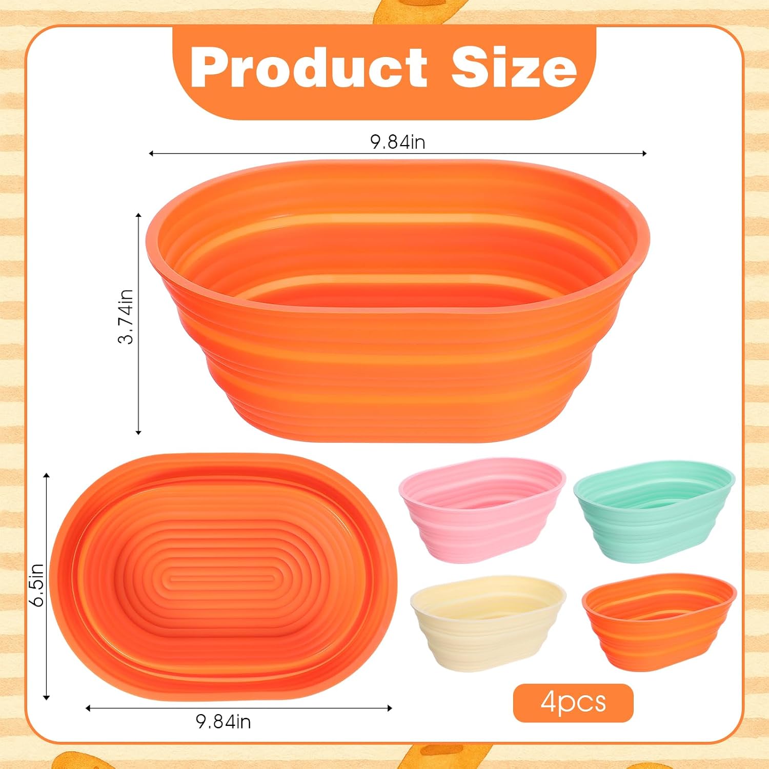4 Pcs Oval Silicone Bread Proofing Basket Set, 10 Inch Foldable Sourdough Banneton Basket for Non-Stick Dough Rising - Oven, Dishwasher Safe (Beige, Green, Orange, Pink)