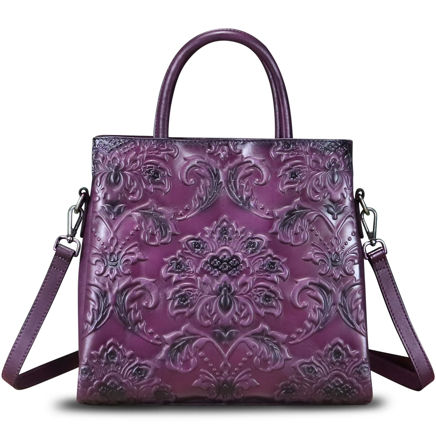 Genuine Leather Satchel for Women Top Handle Handbag Handmade Embossed Vintage Satchel Retro Crossbody Handbags Purse Hobo Bag (Purple)