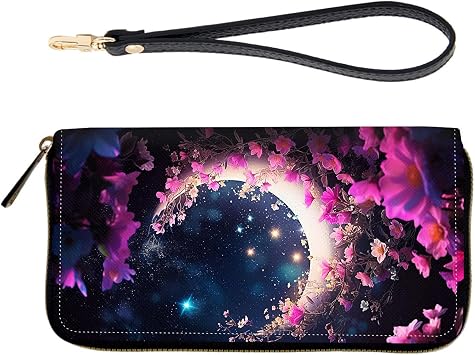 RFID-Blocking Zip-Around Wristlet for Women - Large Capacity Credit Card Holder with Detachable Strap, Fashion RFID Blocking Wallet, Floral Moon in Starry Night