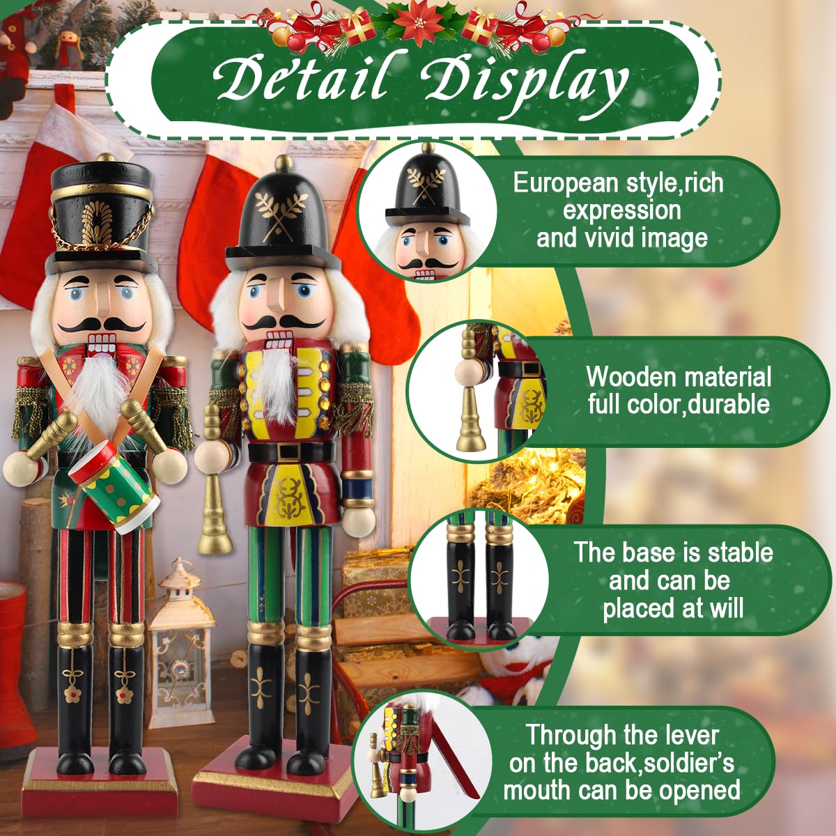 Nussknacker Figur, 2 Große Nussknacker Weihnachtsfiguren aus Holz, Soldat im Erzgebirge-Stil, Handbemalter Traditionelle Weihnachtsdeko(A)