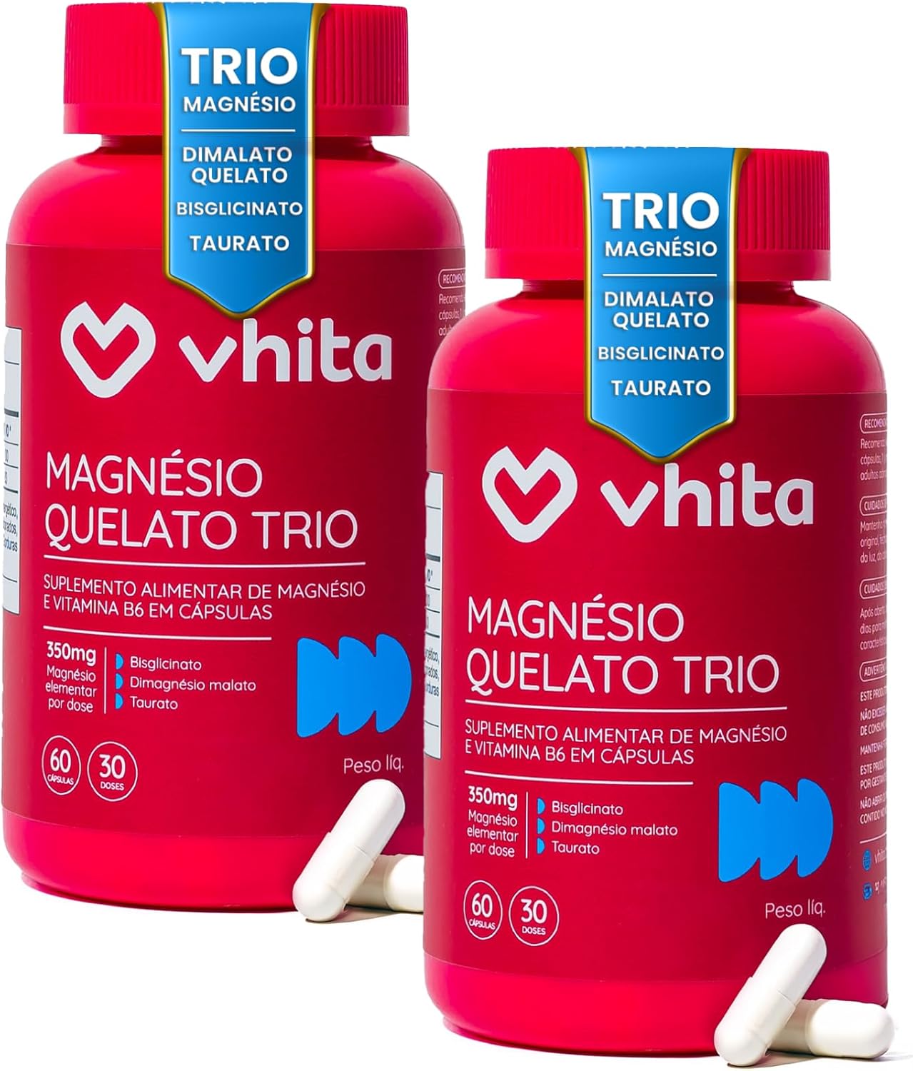 Magnésio Quelato Trio, Dimalato, Bisglicinato e Taurato com Vitamina B6- Vhita