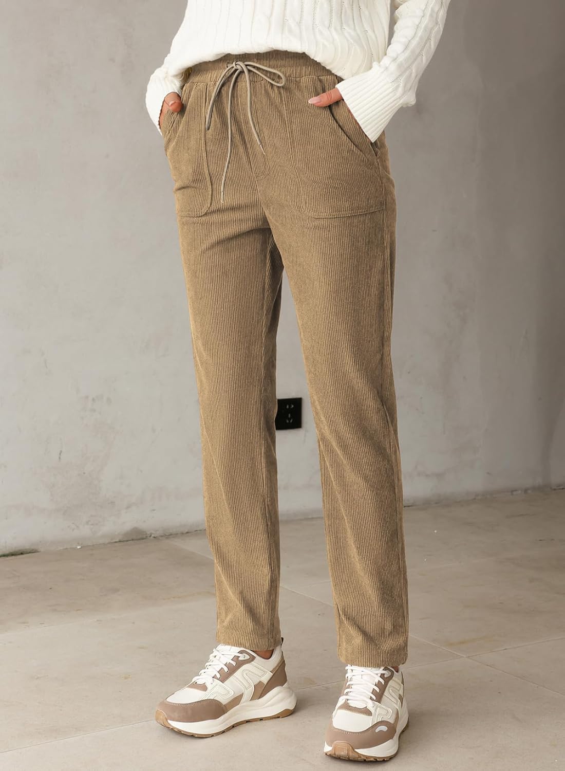 EVALESS Corduroy Pants for Women Casual Drawstring Elastic High Waist Straight Leg Pants Loose Comfy Trousers with Pockets - Image 5