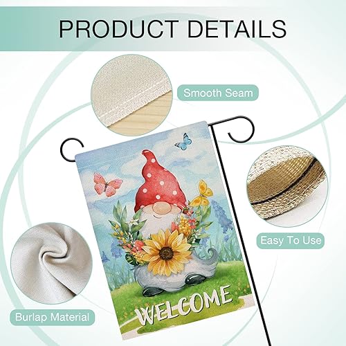 Miniatura 4 de Hzppyz Bandera de jardín con diseño de gnomo de primavera, girasol, flores silvestres, doble cara, sombrero de lunares rojos, mariposa, floral,