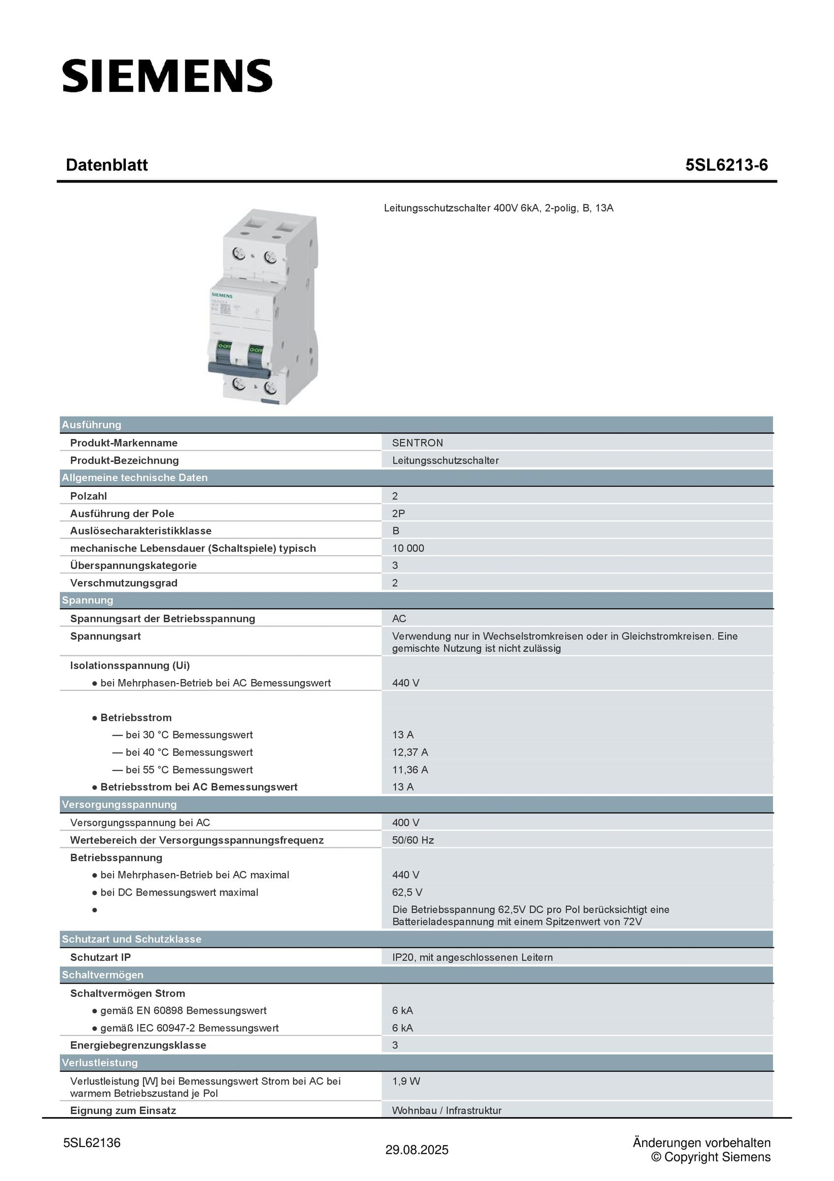 SIEMENS 5SL6 MCB wyłącznik nadprądowy typ B, 2-biegunowy 13 A 400 V SENTRON montaż na szynie DIN
