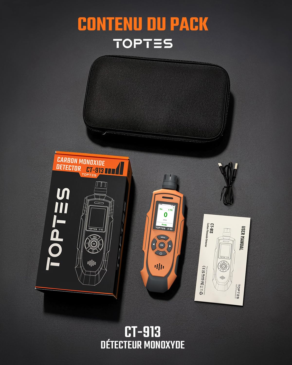 TOPTES CT-913 Détecteur de monoxyde de Carbone Portable, détecteur de CO Rechargeable avec capteur amélioré, écran Couleur TFT et Triple Alarme, 0–1000 ppm pour Camping, Voyage, Usage Professionnel
