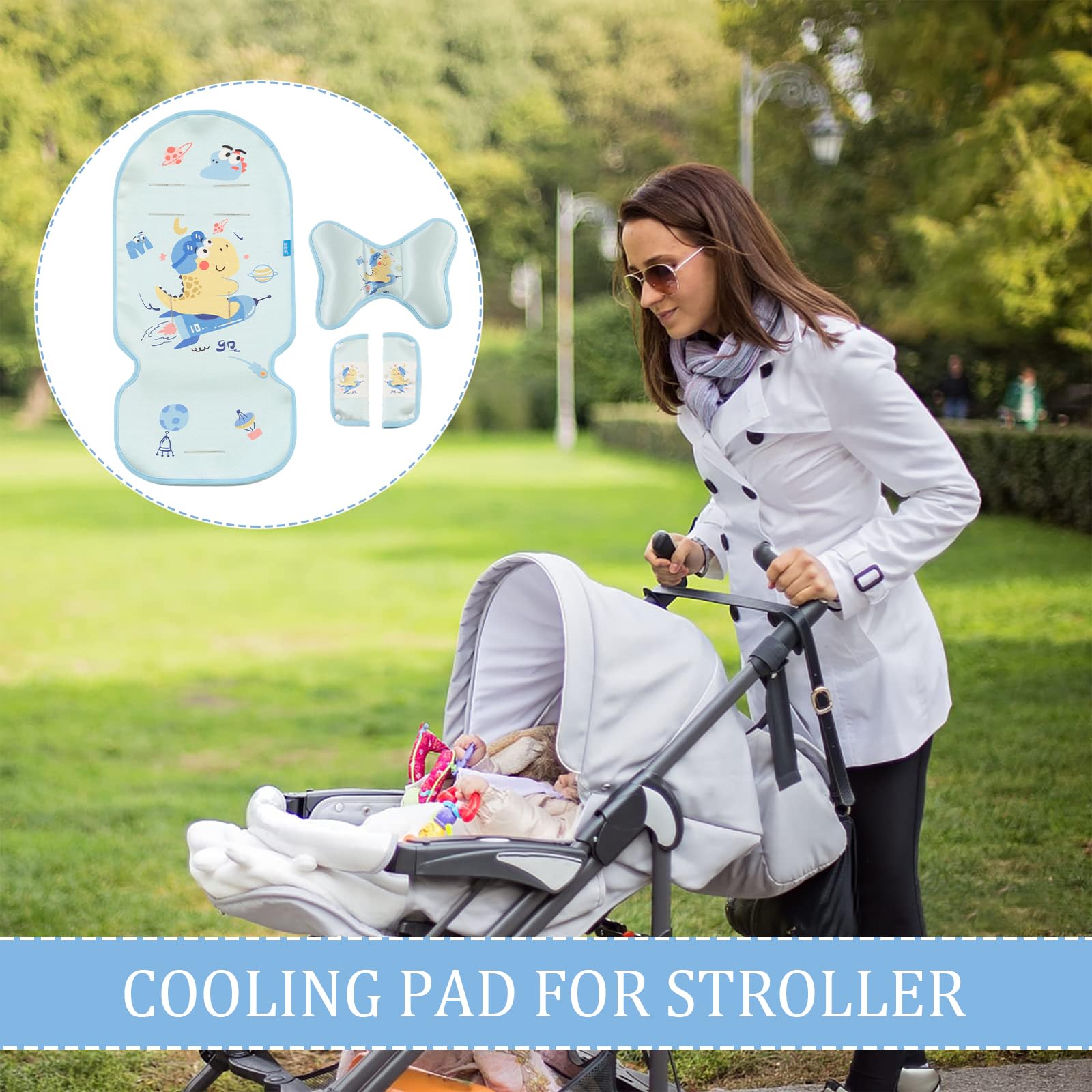 Sitzauflage Kinderwagen Sommer Kinderwagen, 5 Punkt Gurt Kühlkissen Weiche Atmungsaktive, 3 Stück Kühler, Kissen Schulterpolster, Kopfkissenkinder, Mit Niedlichen Tieren (Dino)