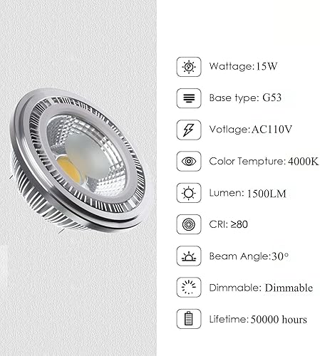 Miniatura 2 de Bombilla reflectora AR111 G53 de 15 W, luz neutra equivalente a 4000 K, bombilla ES111 de 150 W, 1500 lúmenes, base G53, regulable, bombillas