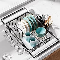 Sakugi Expandable Over Sink Dish Drying Rack - Stainless Steel Kitchen Sink Organizer with Cutlery Holder & Cup Holders, Adjustable 15.4-24", Black