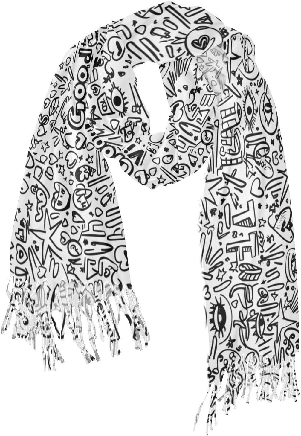 Winter Scarf for Women Cartoon Graffiti Fashion Tassel Shawl Wraps for Women, Cold Weather Warm Womens Scarves Soft Long Scarf Gifts
