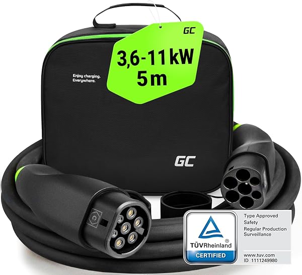 Green Cell GC Snap Typ 2 Ladekabel 11kW 5m 16A für EV Elektroautos Typ 2 auf Typ 2 3-Phasig TÜV Kompatibel mit Model Y 3 S X, ID.3, ID.4, Q4 e-tron, i4, iX1, 500e, Enyaq, EV6, EQA inkl Premium Koffer - 1