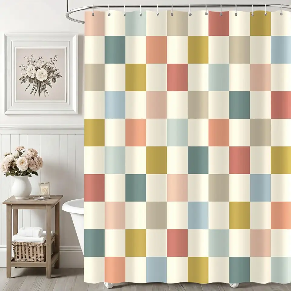 Cortina de chuveiro Checkere colorida retrô à prova d'água, cortinas de chuveiro com padrão quadrado engraçado para decoração de banheiro, cortina de chuveiro lavável estética chique 183 cm L