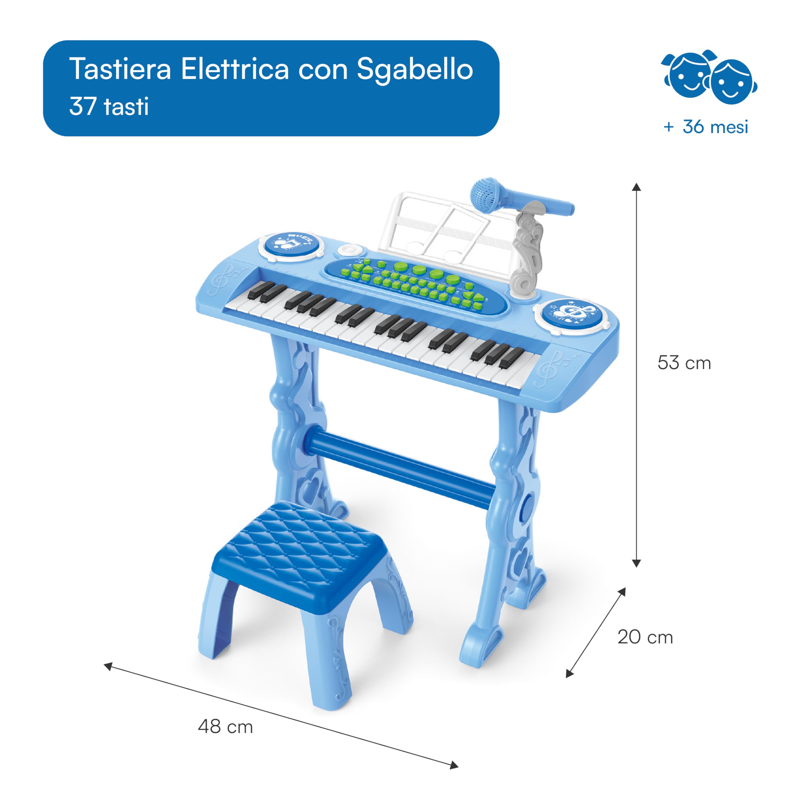 Baroni Toys Tastiera Elettronica con Sgabello per Bambini 3+ Anni con Microfono, Pianola Musicale con Melodie e Suoni Educativi, Tastiera 37 Tasti con Sedia Azzurra, 48x20x53cm