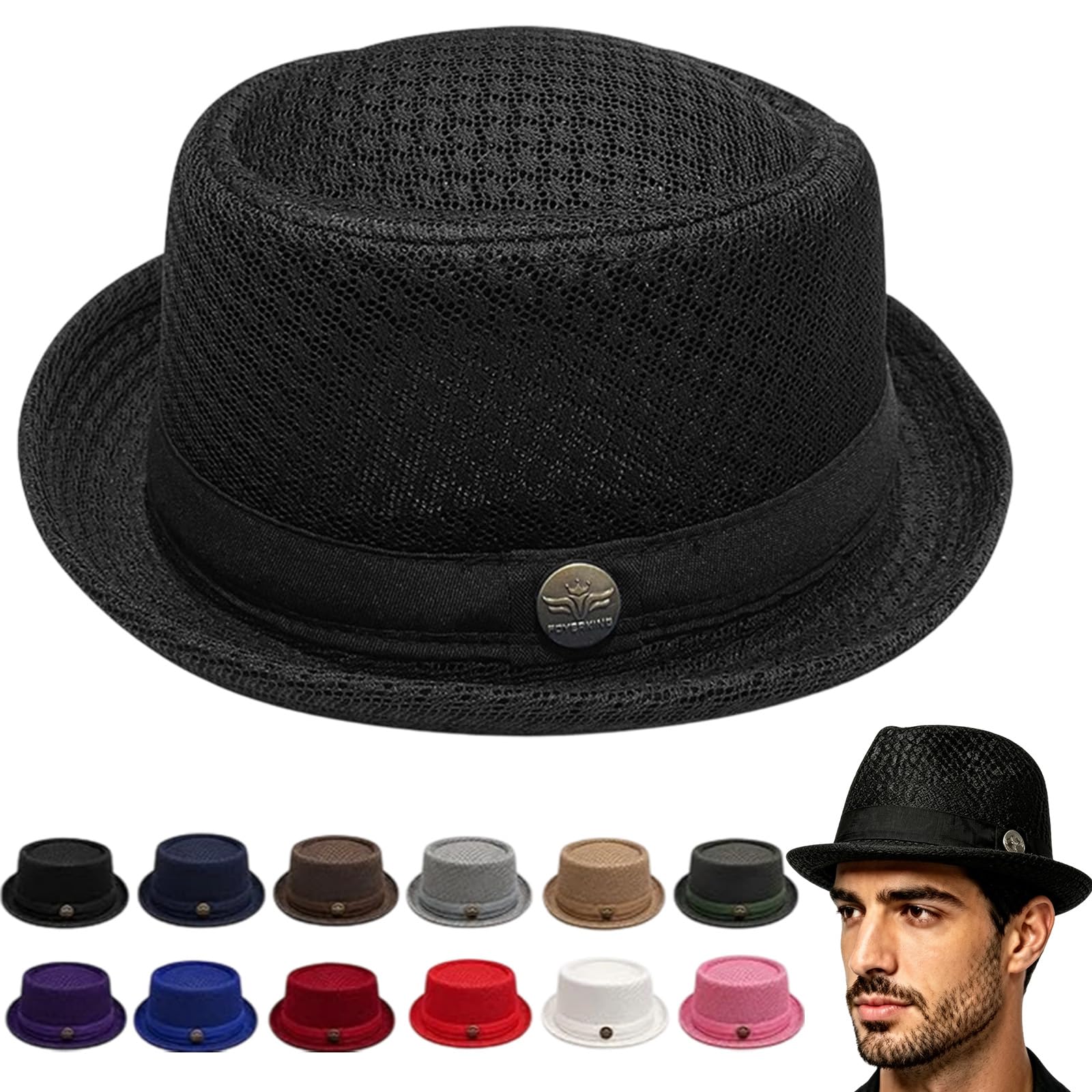 mondpfote Summer Breathable Mesh Pork Pie Hat, Men's Breathable Short Brim Fedora Cap, Classic Bowler Hat for Travel Party (Black)