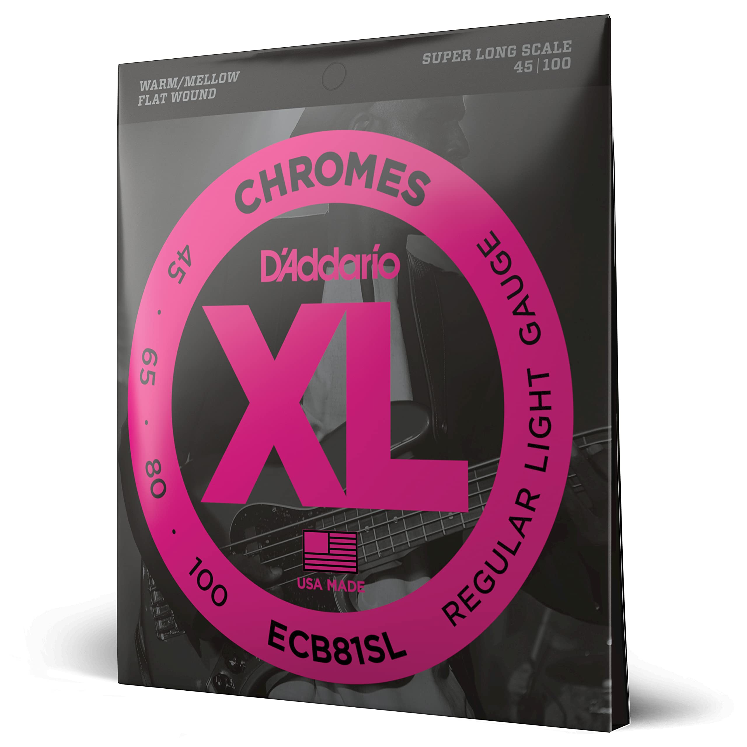 D'Addario XL Chromes Flat Wound Bass Guitar Strings - ECB81SL - Super Long Scale - Regular Light, 45-100