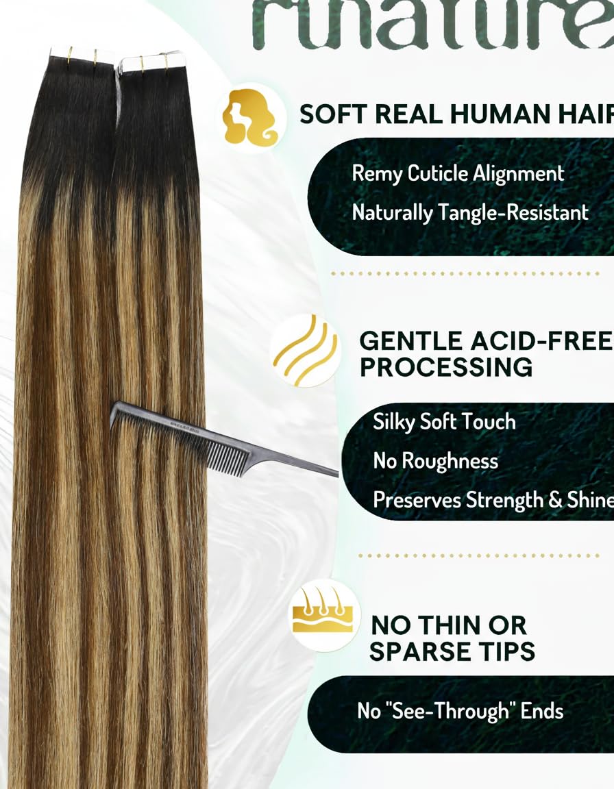 RUNATURE Tape in Hair Extensions Human Hair Black Balayage, 14 Inch 20Pcs 40G, Natural Black with Brown Ombre Blonde, Hair Extension for Women Real Hair, Natural Blending, Easy to Apply #1B/4/27