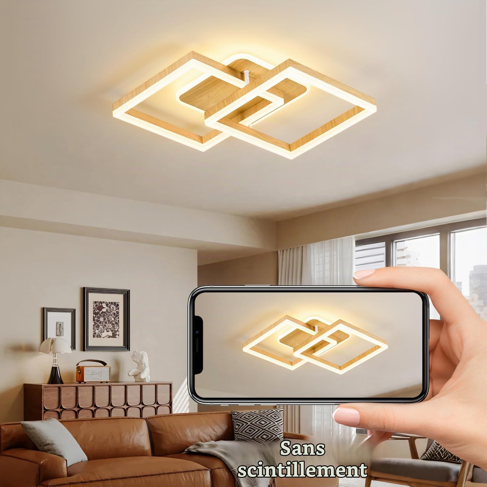 ANTENLICHT 40W Plafonnier LED Luminaire Salon Dimmable avec Télécommande Moderne design géométrique, Blanc Chaud à Froid 3000K-6500K, Éclairage de Plafond pour Chambre, Salle à Manger, Aspect Bois