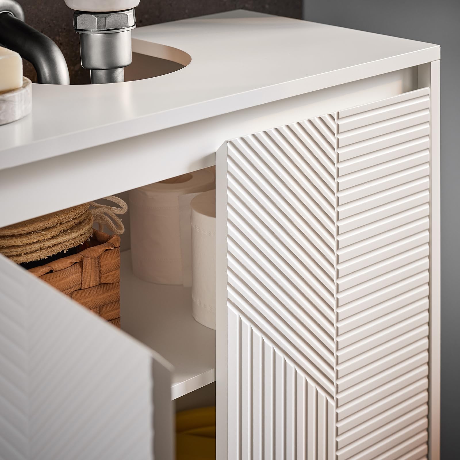 SoBuy Waschbeckenunterschrank 60cm Badezimmerschrank Badmöbel in Weiß mit verstellbaren Regalen, feuchtigkeitsbeständig, Unterschrank Waschbecken für kleine Bäder 60x61x30cm BZR157-W
