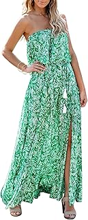 Annebouti Women Summer Strapless Boho Beach Front Slit Swiss Dot/Floral Long Maxi Dress