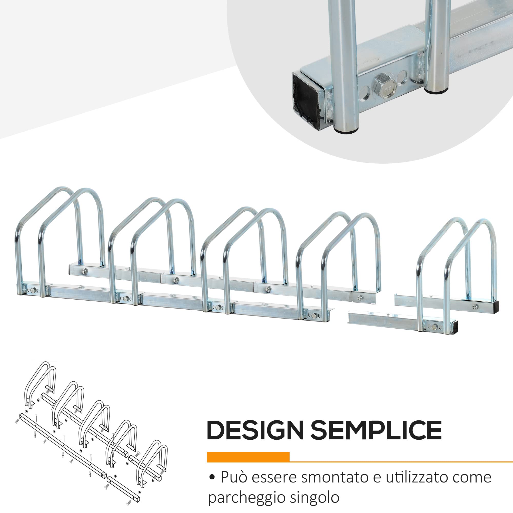 HOMCOM Rastrelliera Biciclette da Pavimento o Parete, Portabici da Terra per 5 Biciclette in Acciaio, Ruote Fino 65 mm, 145x33x27 cm, Argento