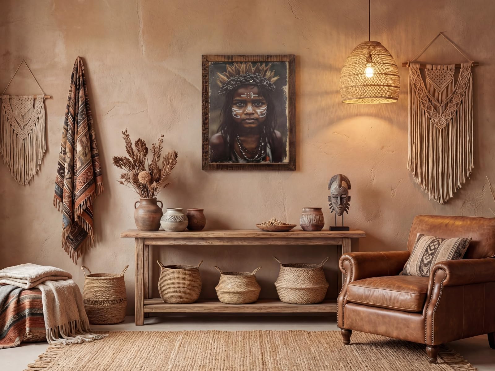 Woodkings Wandbild Spirit of Earth | rustikaler Bilderrahmen Altholz 70x90 cm | Canvasdruck im Ethno Boho-Stil | Wanddekorartion Wohnzimmer Schlafzimmer I Holzbild